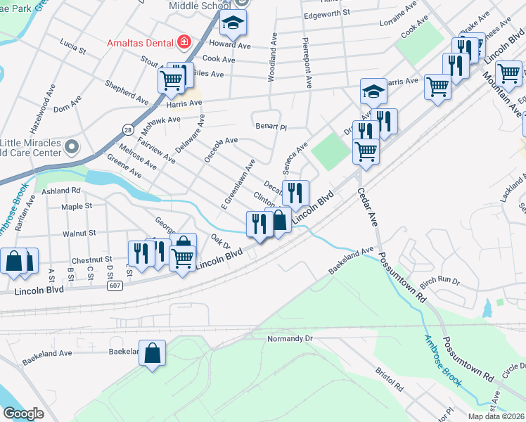 map of restaurants, bars, coffee shops, grocery stores, and more near 522 Fairview Avenue in Middlesex
