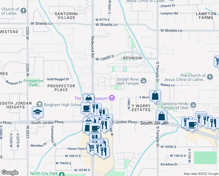 map of restaurants, bars, coffee shops, grocery stores, and more near 1599 Cornerstone Way in South Jordan