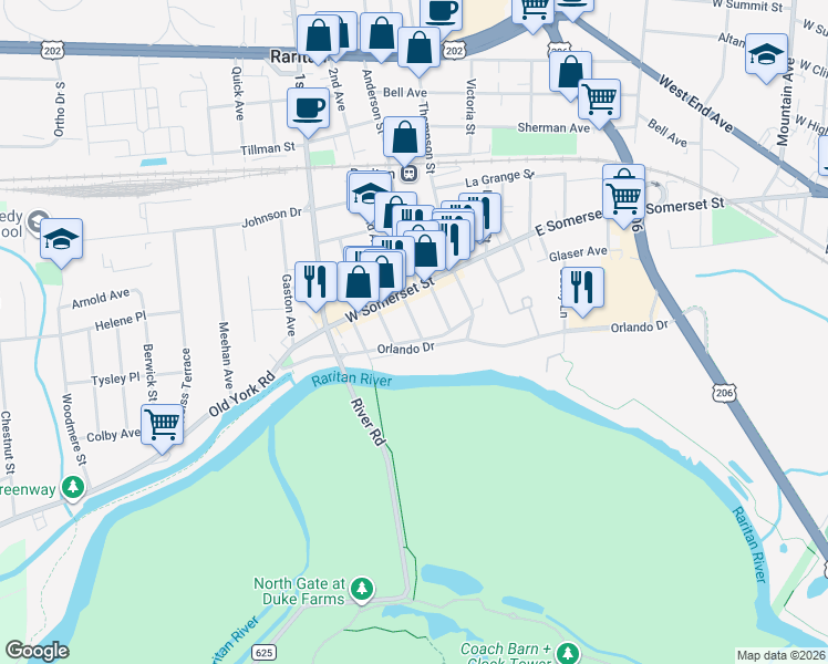 map of restaurants, bars, coffee shops, grocery stores, and more near 25 Canal Street in Raritan