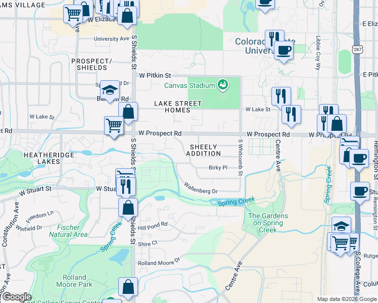 map of restaurants, bars, coffee shops, grocery stores, and more near 1612 Sheely Drive in Fort Collins