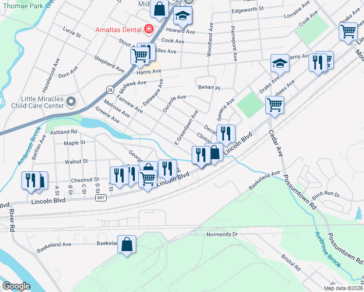 map of restaurants, bars, coffee shops, grocery stores, and more near 506 Melrose Avenue in Middlesex