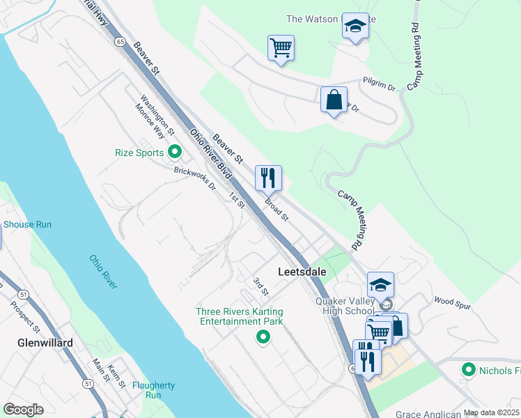 map of restaurants, bars, coffee shops, grocery stores, and more near 42 Ohio River Blvd in Leetsdale