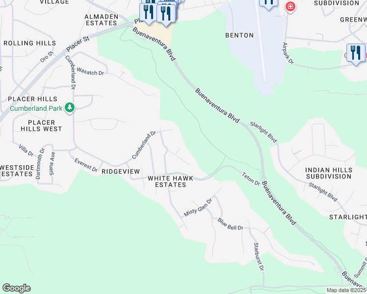 map of restaurants, bars, coffee shops, grocery stores, and more near 2025 Raindrop Court in Redding