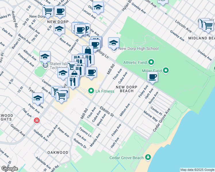 map of restaurants, bars, coffee shops, grocery stores, and more near 99 Titus Avenue in Staten Island