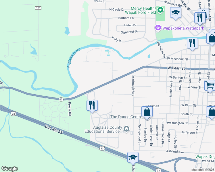 map of restaurants, bars, coffee shops, grocery stores, and more near 1011 W Auglaize St in Wapakoneta