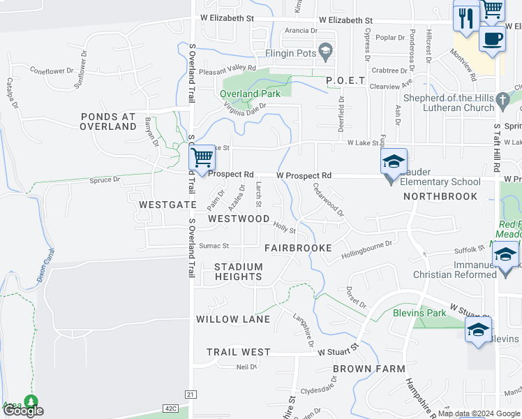 map of restaurants, bars, coffee shops, grocery stores, and more near 1636 Larch Street in Fort Collins
