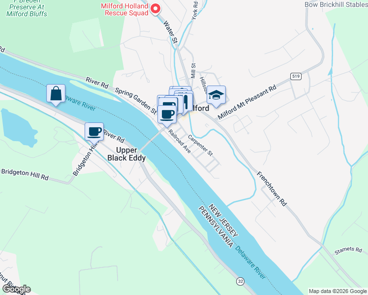 map of restaurants, bars, coffee shops, grocery stores, and more near 9 Maple St in Milford