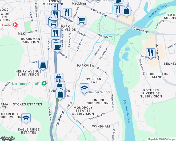 map of restaurants, bars, coffee shops, grocery stores, and more near 2899 Freebridge Street in Redding