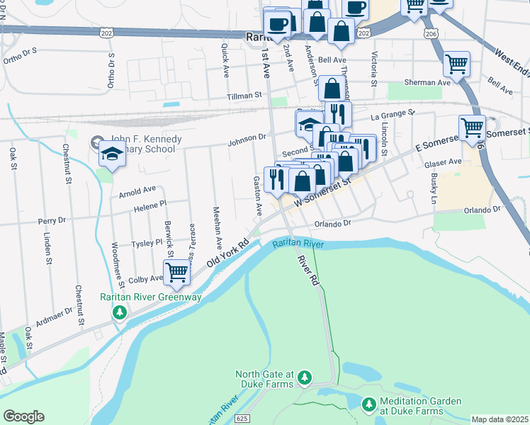 map of restaurants, bars, coffee shops, grocery stores, and more near 112 West Somerset Street in Raritan