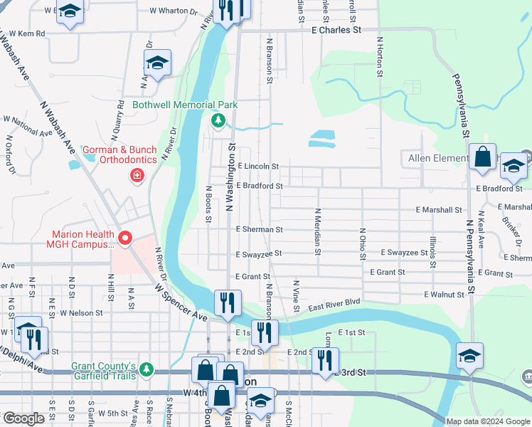 map of restaurants, bars, coffee shops, grocery stores, and more near 421 North Branson Street in Marion