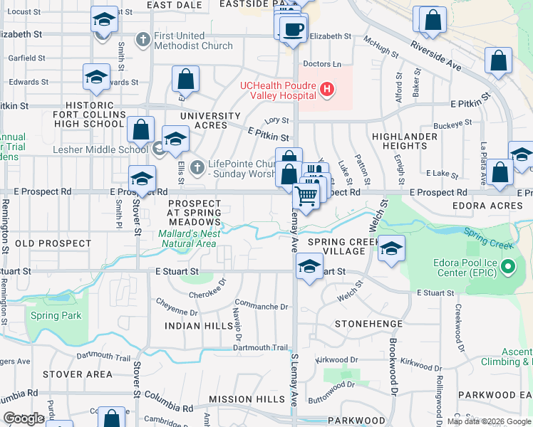 map of restaurants, bars, coffee shops, grocery stores, and more near 929 East Prospect Road in Fort Collins