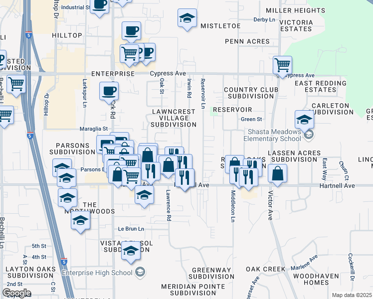 map of restaurants, bars, coffee shops, grocery stores, and more near 2851 Irwin Road in Redding