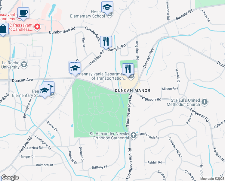 map of restaurants, bars, coffee shops, grocery stores, and more near 8800 Royal Manor Drive in McCandless Township