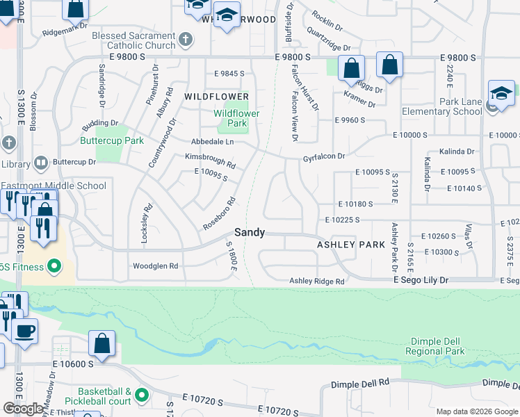 map of restaurants, bars, coffee shops, grocery stores, and more near 10194 High Point Lane in Sandy