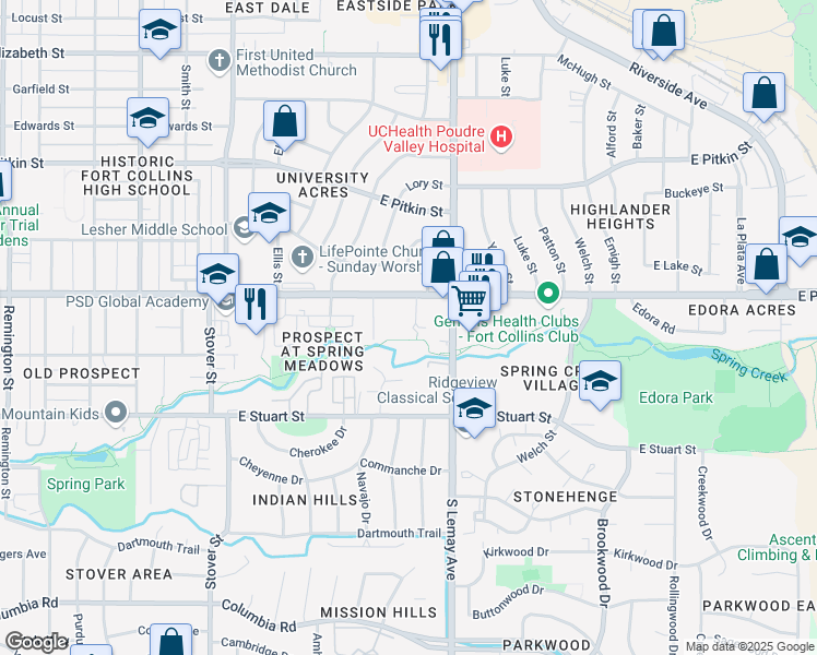 map of restaurants, bars, coffee shops, grocery stores, and more near 929 East Prospect Road in Fort Collins
