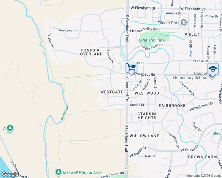 map of restaurants, bars, coffee shops, grocery stores, and more near 1637 Banyan Drive in Fort Collins