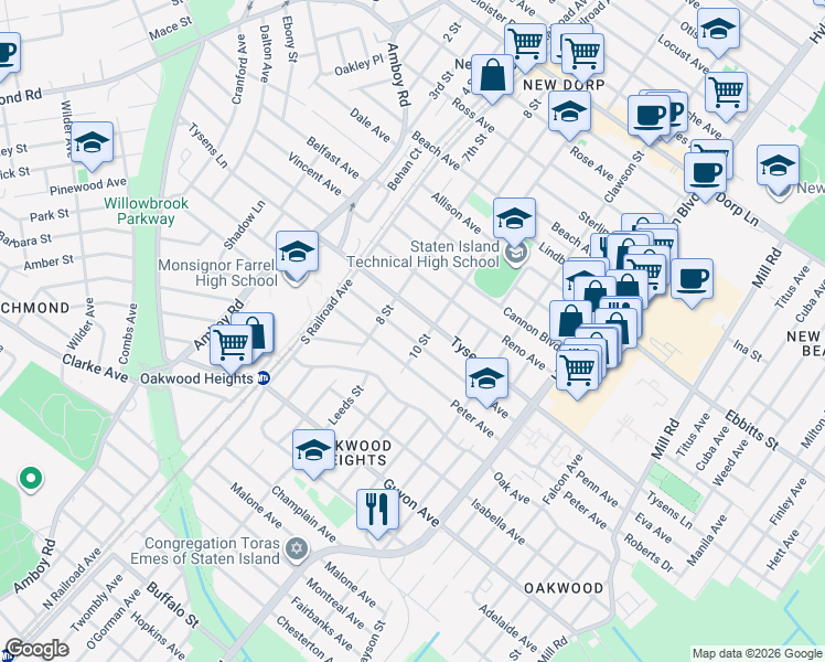 map of restaurants, bars, coffee shops, grocery stores, and more near 89 Penn Avenue in Staten Island