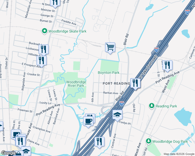 map of restaurants, bars, coffee shops, grocery stores, and more near 97 East 5th Avenue in Woodbridge Township
