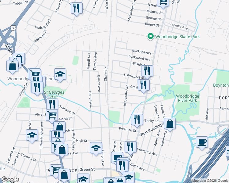 map of restaurants, bars, coffee shops, grocery stores, and more near 164 Schoder Avenue in Woodbridge Township
