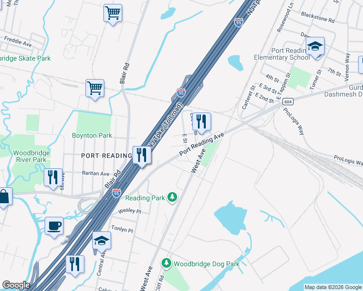 map of restaurants, bars, coffee shops, grocery stores, and more near 143 A Street in Woodbridge Township