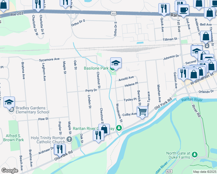 map of restaurants, bars, coffee shops, grocery stores, and more near 2 Obert Drive in Raritan