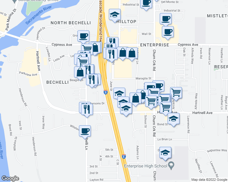 map of restaurants, bars, coffee shops, grocery stores, and more near 2857 June Street in Redding