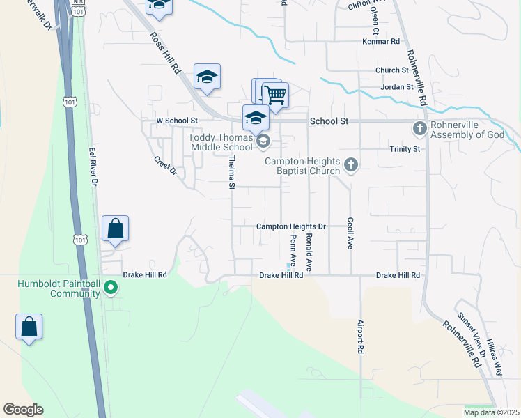 map of restaurants, bars, coffee shops, grocery stores, and more near 1728 Campton Ln in Fortuna