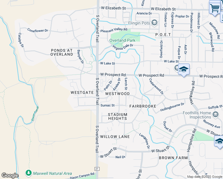 map of restaurants, bars, coffee shops, grocery stores, and more near 1701 Azalea Drive in Fort Collins
