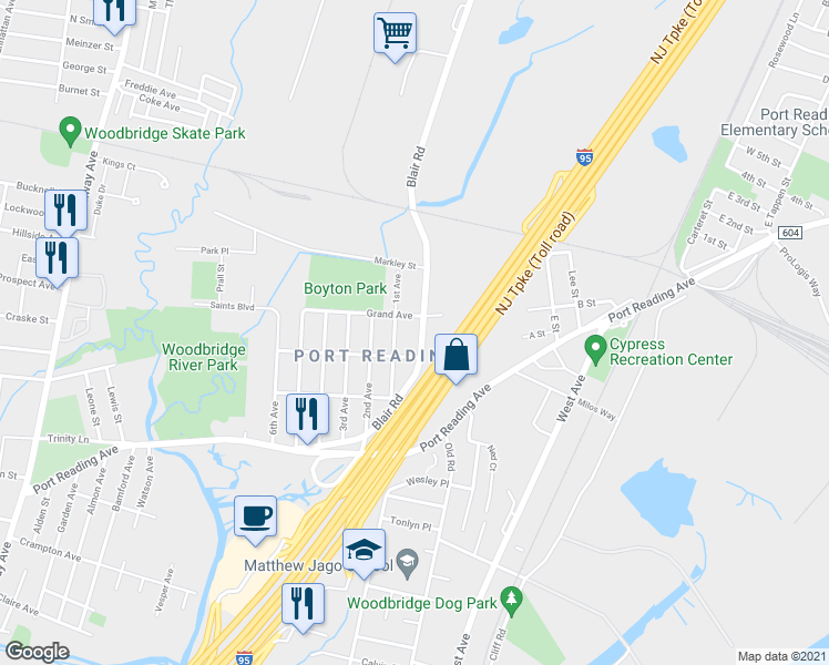map of restaurants, bars, coffee shops, grocery stores, and more near 101 Blair Road in Woodbridge Township