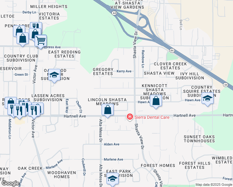map of restaurants, bars, coffee shops, grocery stores, and more near 2312 Belladonna Street in Redding