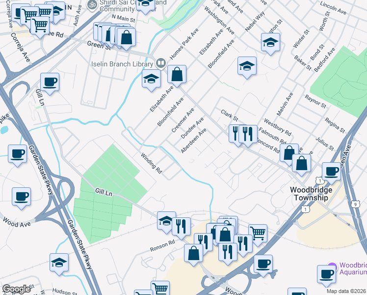 map of restaurants, bars, coffee shops, grocery stores, and more near 60 Aberdeen Avenue in Woodbridge Township