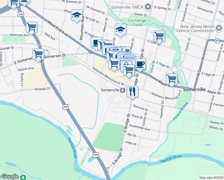 map of restaurants, bars, coffee shops, grocery stores, and more near 1 Veterans Memorial Dr W in Somerville
