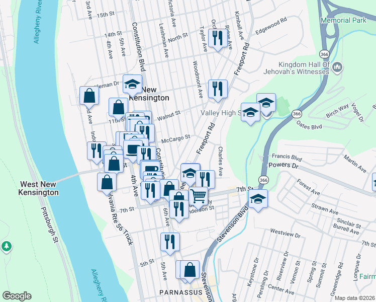 map of restaurants, bars, coffee shops, grocery stores, and more near 237 Freeport Road in New Kensington
