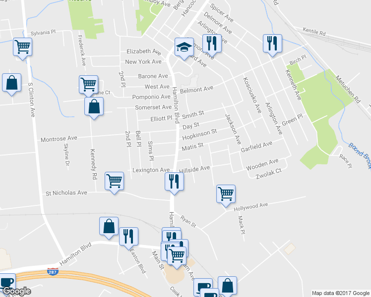 map of restaurants, bars, coffee shops, grocery stores, and more near 108 Matis Street in South Plainfield
