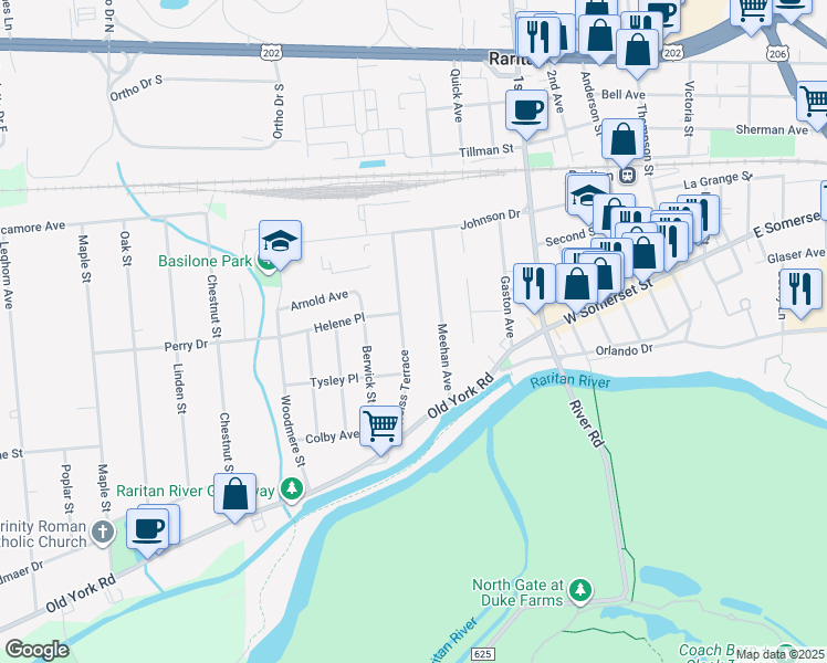 map of restaurants, bars, coffee shops, grocery stores, and more near 136 Weiss Terrace in Raritan