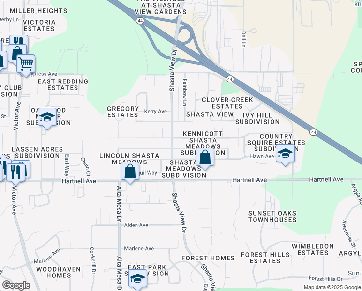 map of restaurants, bars, coffee shops, grocery stores, and more near in Redding