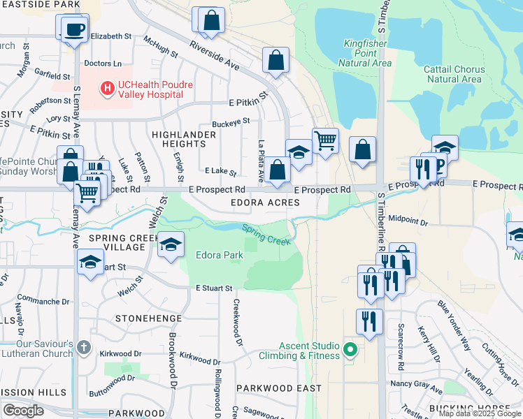 map of restaurants, bars, coffee shops, grocery stores, and more near 1700 Erin Court in Fort Collins