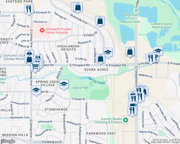 map of restaurants, bars, coffee shops, grocery stores, and more near 1518 Edora Court in Fort Collins