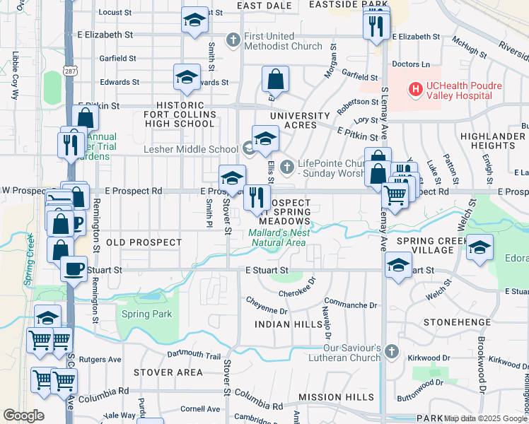 map of restaurants, bars, coffee shops, grocery stores, and more near 1669 Sprocket Drive in Fort Collins