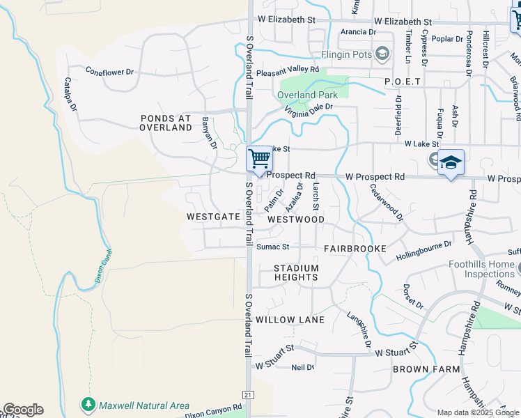 map of restaurants, bars, coffee shops, grocery stores, and more near 1729 Palm Drive in Fort Collins