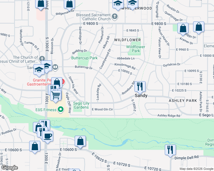 map of restaurants, bars, coffee shops, grocery stores, and more near 10190 Flanders Road in Sandy