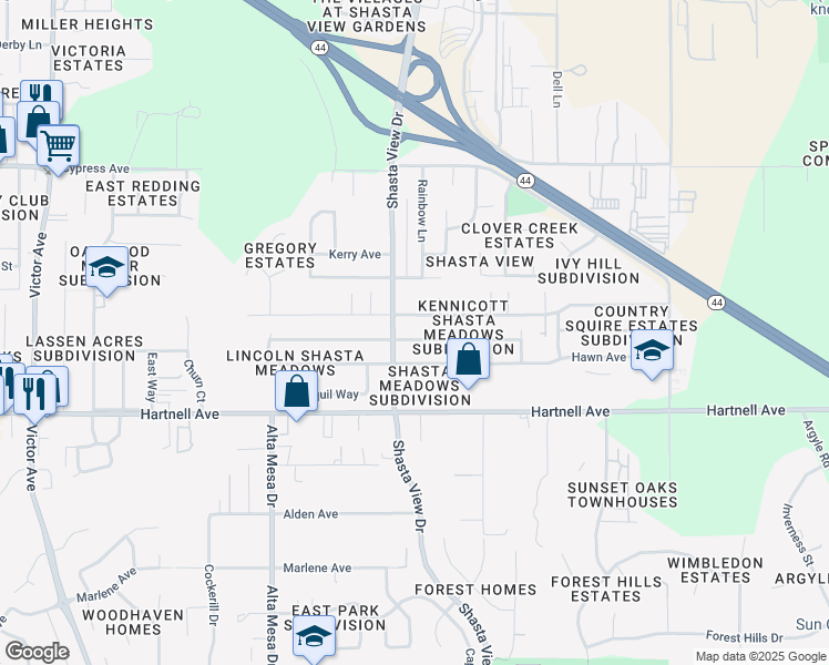 map of restaurants, bars, coffee shops, grocery stores, and more near in Redding