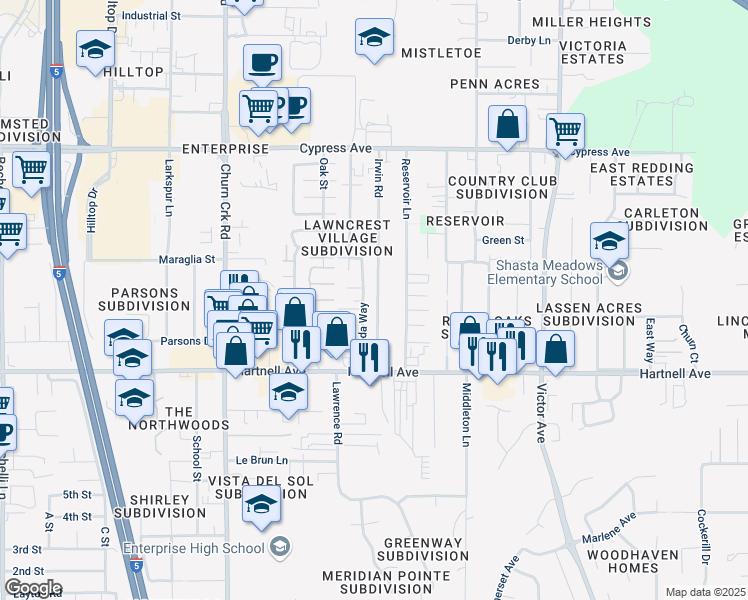 map of restaurants, bars, coffee shops, grocery stores, and more near 2851 Irwin Road in Redding