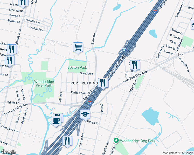 map of restaurants, bars, coffee shops, grocery stores, and more near 101 Blair Road in Woodbridge Township