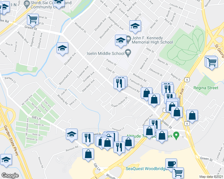 map of restaurants, bars, coffee shops, grocery stores, and more near 865 Green Street in Woodbridge Township