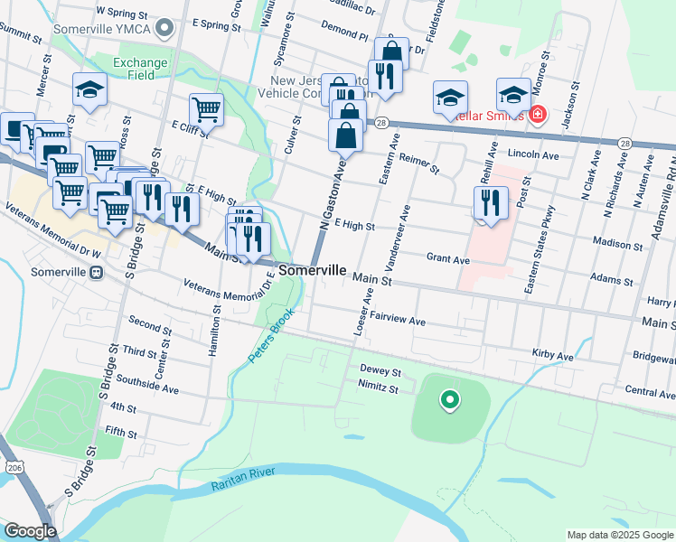 map of restaurants, bars, coffee shops, grocery stores, and more near 226 East Main Street in Somerville