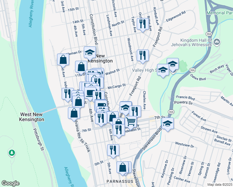 map of restaurants, bars, coffee shops, grocery stores, and more near 870 Kenneth Avenue in New Kensington