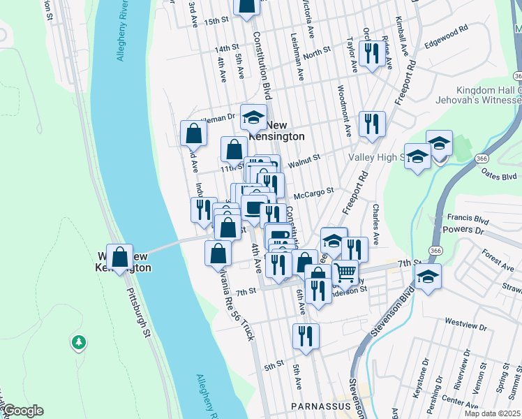 map of restaurants, bars, coffee shops, grocery stores, and more near in New Kensington