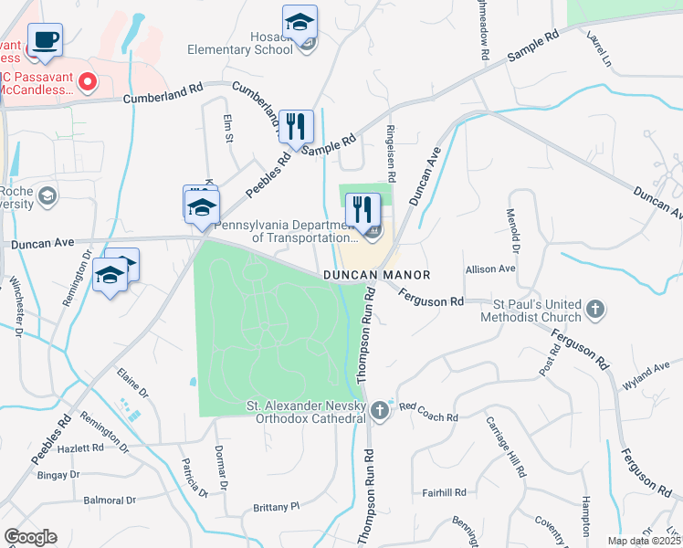 map of restaurants, bars, coffee shops, grocery stores, and more near 8870 Royal Manor Drive in McCandless