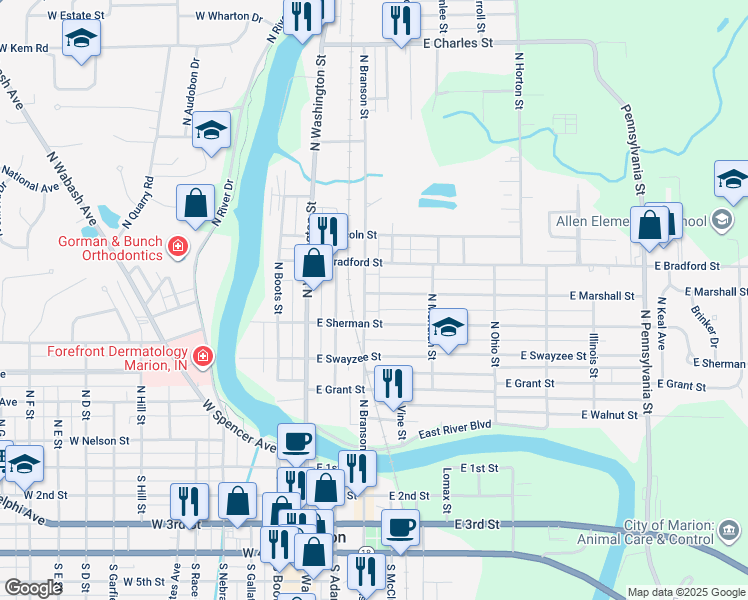 map of restaurants, bars, coffee shops, grocery stores, and more near 421 North Branson Street in Marion
